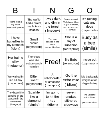 Oxymoron, Idiom, Imagery & Rhyme Scheme Bingo Card