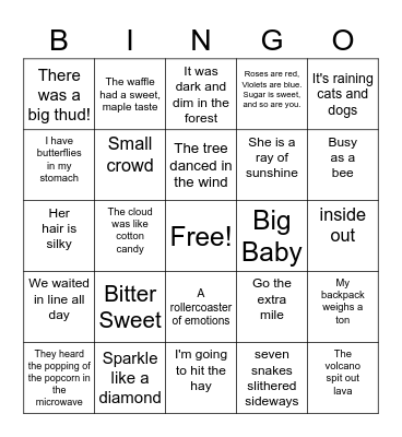 Oxymoron, Idiom, Imagery & Rhyme Scheme Bingo Card