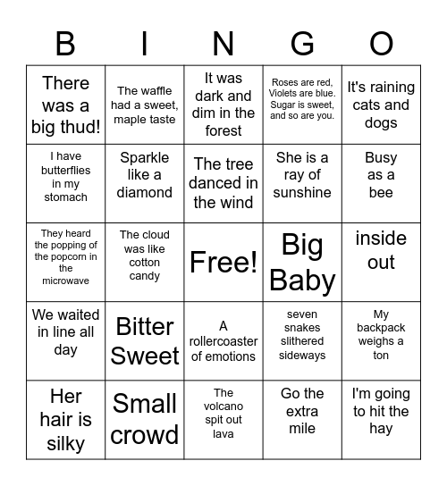 Oxymoron, Idiom, Imagery & Rhyme Scheme Bingo Card