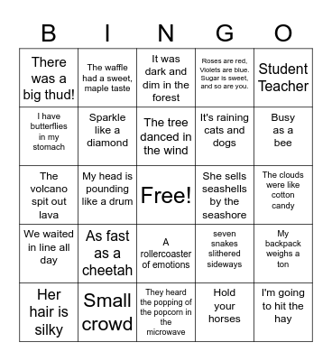Oxymoron, Idiom, Imagery & Rhyme Scheme Bingo Card