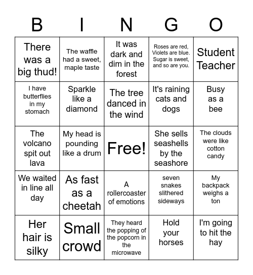 Oxymoron, Idiom, Imagery & Rhyme Scheme Bingo Card