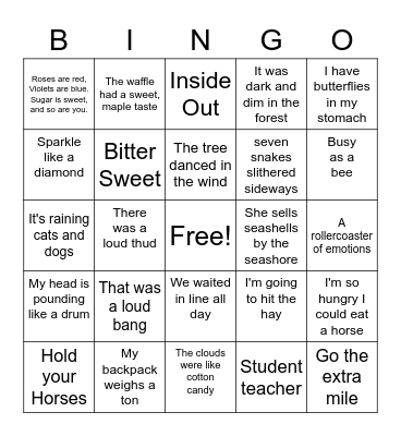 Oxymoron, Idiom, Imagery & Rhyme Scheme Bingo Card