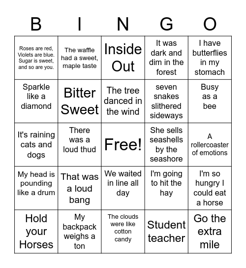 Oxymoron, Idiom, Imagery & Rhyme Scheme Bingo Card