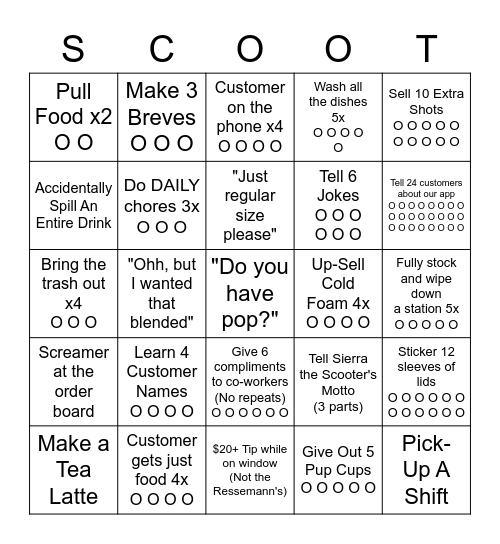 Scooter's Coffee Barista Bingo Card