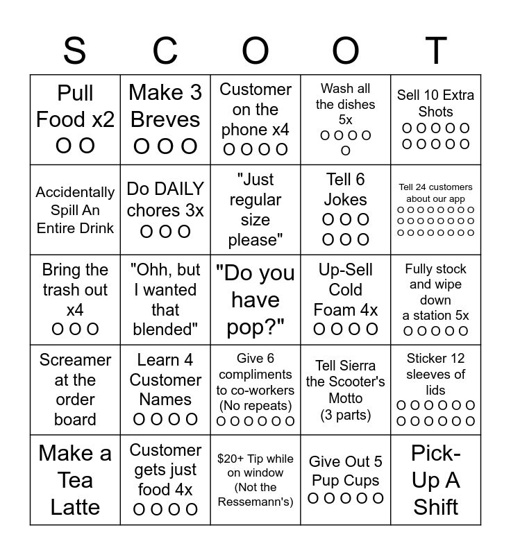 Scooter's Coffee Barista Bingo Card