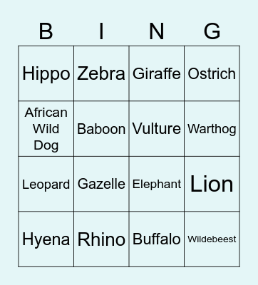 African Wildlife Bingo Card