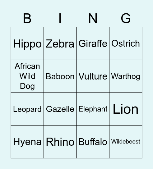 African Wildlife Bingo Card