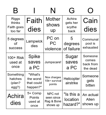 United States of the Dead Finale Bingo Card