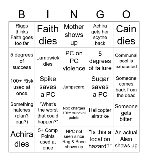 United States of the Dead Finale Bingo Card