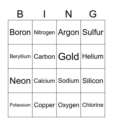25 Periodic Elements (Names) Bingo Card