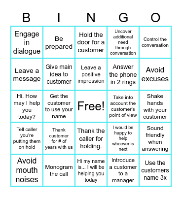 Customer Service Bingo Card