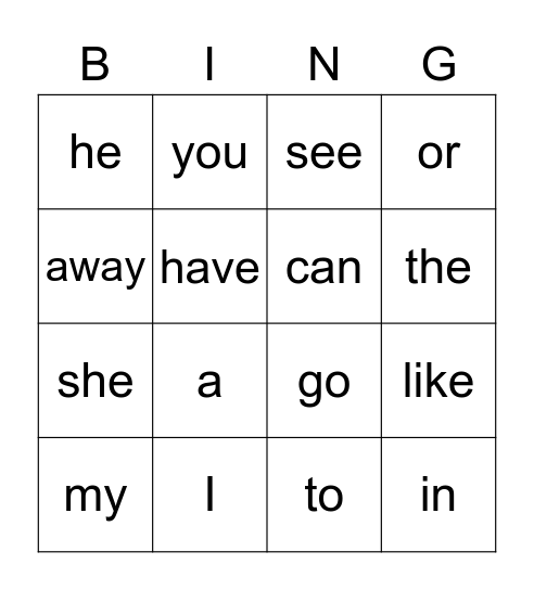 Sight Word Bingo Card