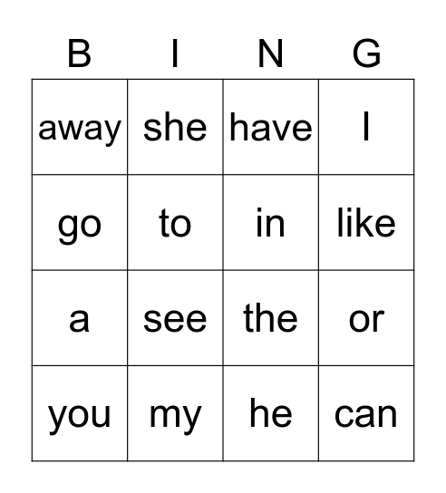 Sight Word Bingo Card