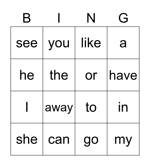 Sight Word Bingo Card