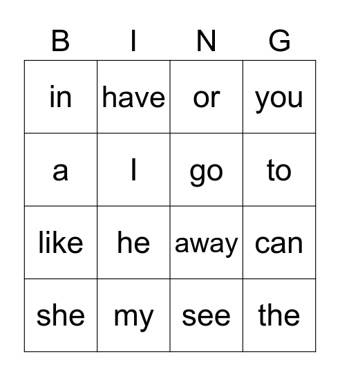 Sight Word Bingo Card