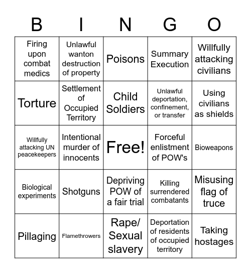 War Crime Bingo Card