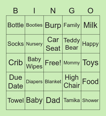 Tamika's Baby Shower Bingo Card