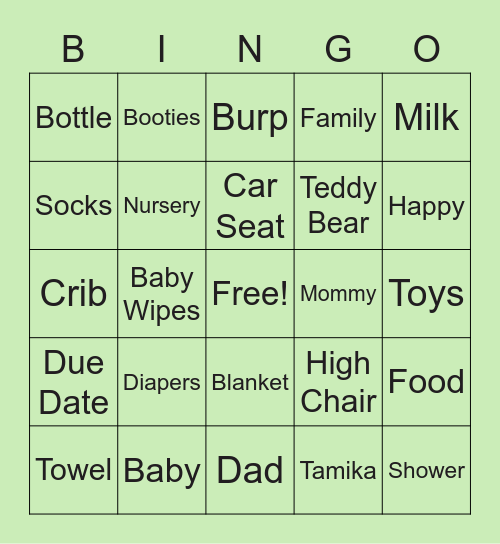 Tamika's Baby Shower Bingo Card