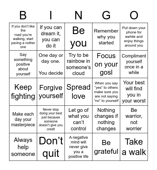 Self motivation Bingo Card