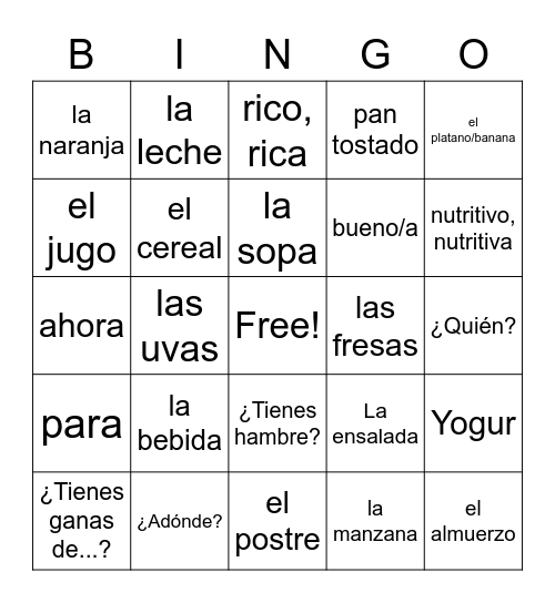 Unidad 3.1 Vocabulario Bingo Card