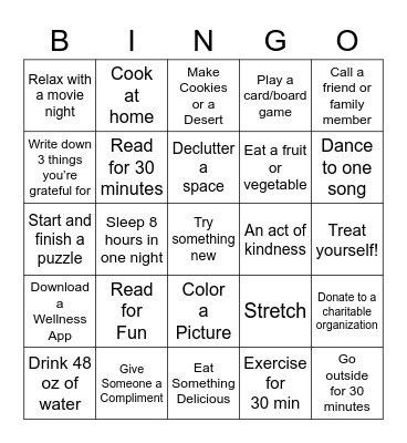 Wellness Week Bingo Card