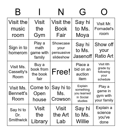 Open House Bingo Card
