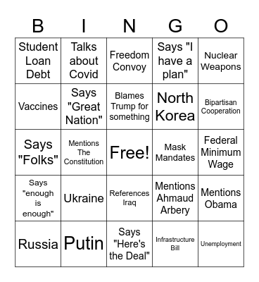 2022 State of the Union Bingo Card