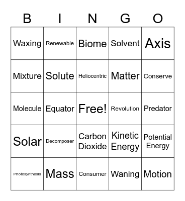 Science Vocab Review Bingo Card