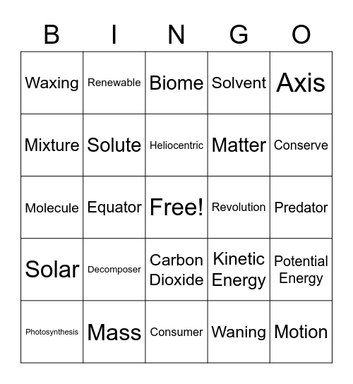 Science Vocab Review Bingo Card