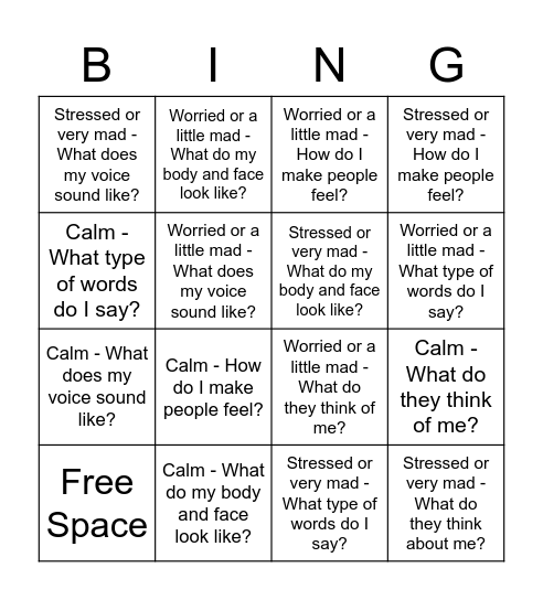 How do you feel and how does it change my feelings? Bingo Card