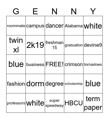 Talladaga College Bingo Card
