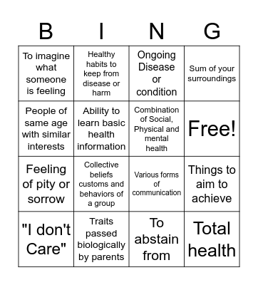 Health Term Vocabulary Bingo Card