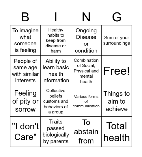 Health Term Vocabulary Bingo Card