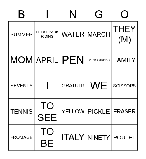 VOCABULAIRE MÉLANGÉ Bingo Card