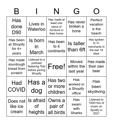 Get to know each other Bingo Card