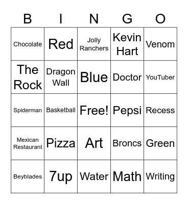 ASP Kid's Interests Bingo Card