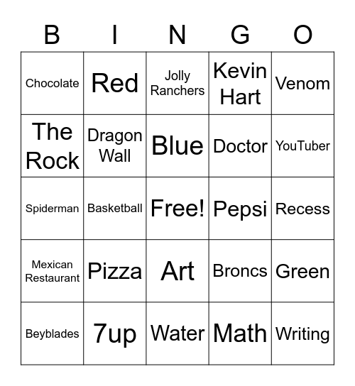 ASP Kid's Interests Bingo Card