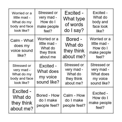 How Do You Feel and How Does It Change My Feelings? Bingo Card