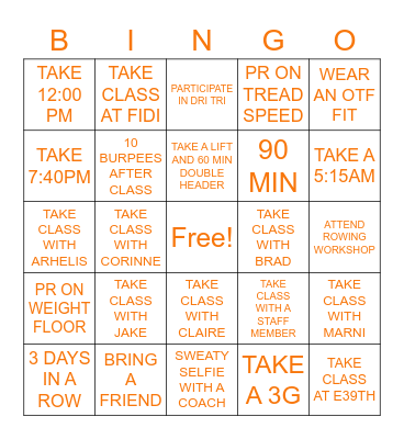 ORANGETHEORY FITNESS UES BINO Bingo Card