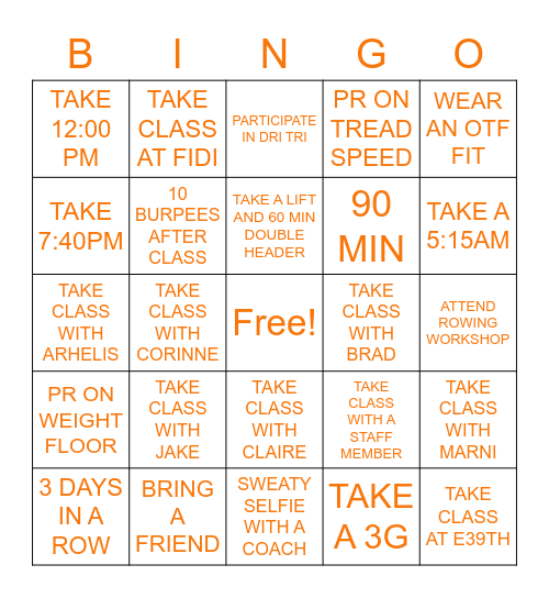 ORANGETHEORY FITNESS UES BINO Bingo Card