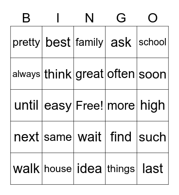 Sight Word Bingo Card