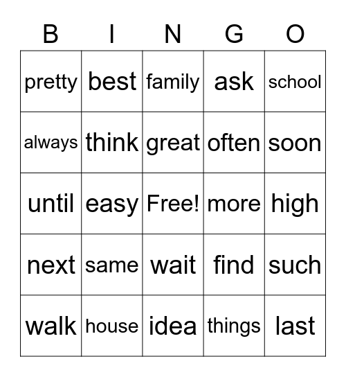 Sight Word Bingo Card