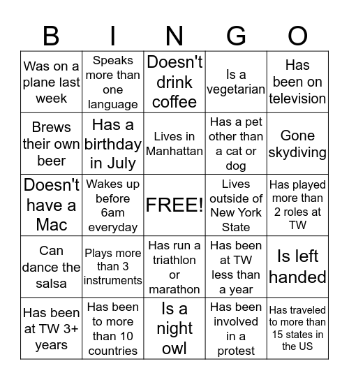 New Hire Bingo - July 2015 Bingo Card
