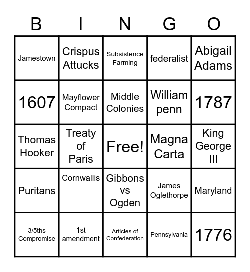 Early American History Review Bingo Card