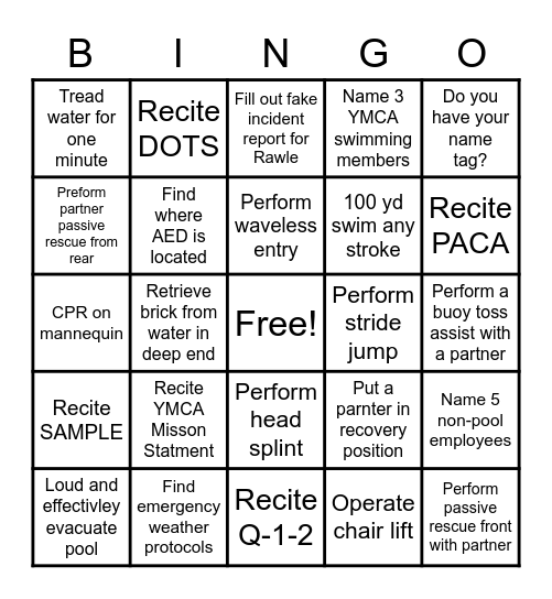 Lifeguard Inservice Bingo Card