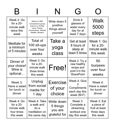 GIA Health and Wellness Bingo Card