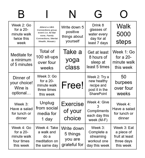 GIA Health and Wellness Bingo Card