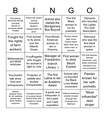 Influential Women Bingo Card