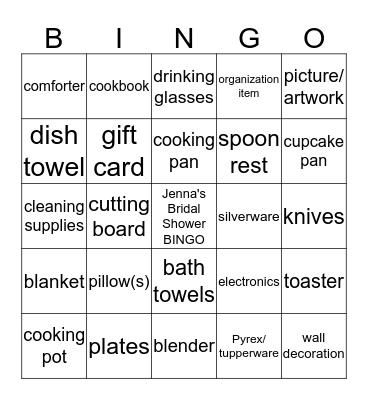 Jenna's Bridal Shower Bingo Card