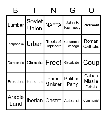 Latin America Vocabulary Bingo Card